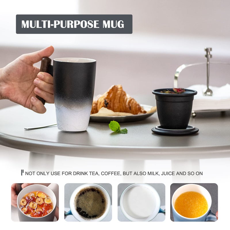 suyika Tomotime Ceramic Tea Cup with Infuser and Lid Tea Mugs Wooden Handle 400ml/13.5oz Black - Image 4